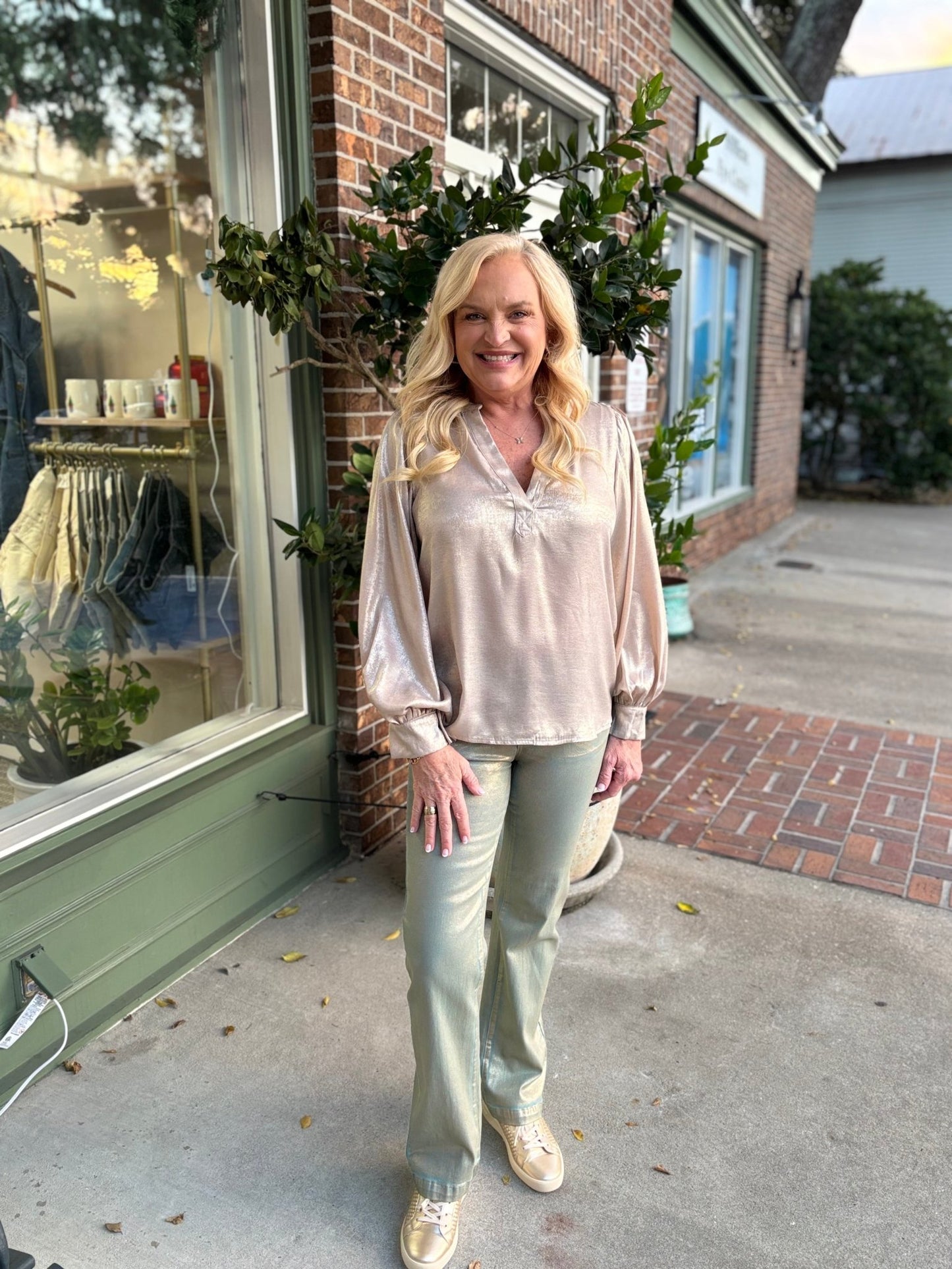 Henley Neck Long Balloon Sleeve Metallic Blouse Top - Gold - KJ Clothier