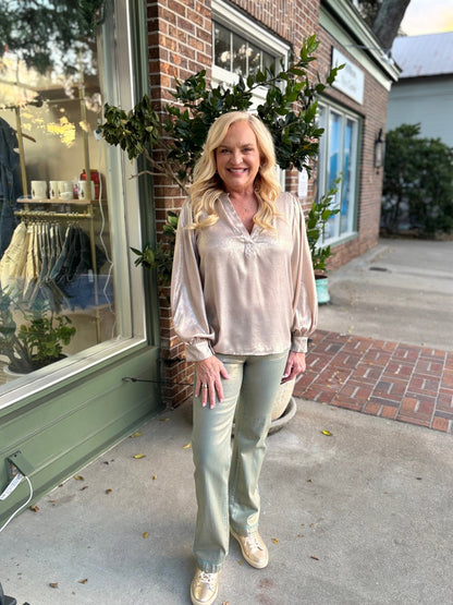 Henley Neck Long Balloon Sleeve Metallic Blouse Top - Gold - KJ Clothier