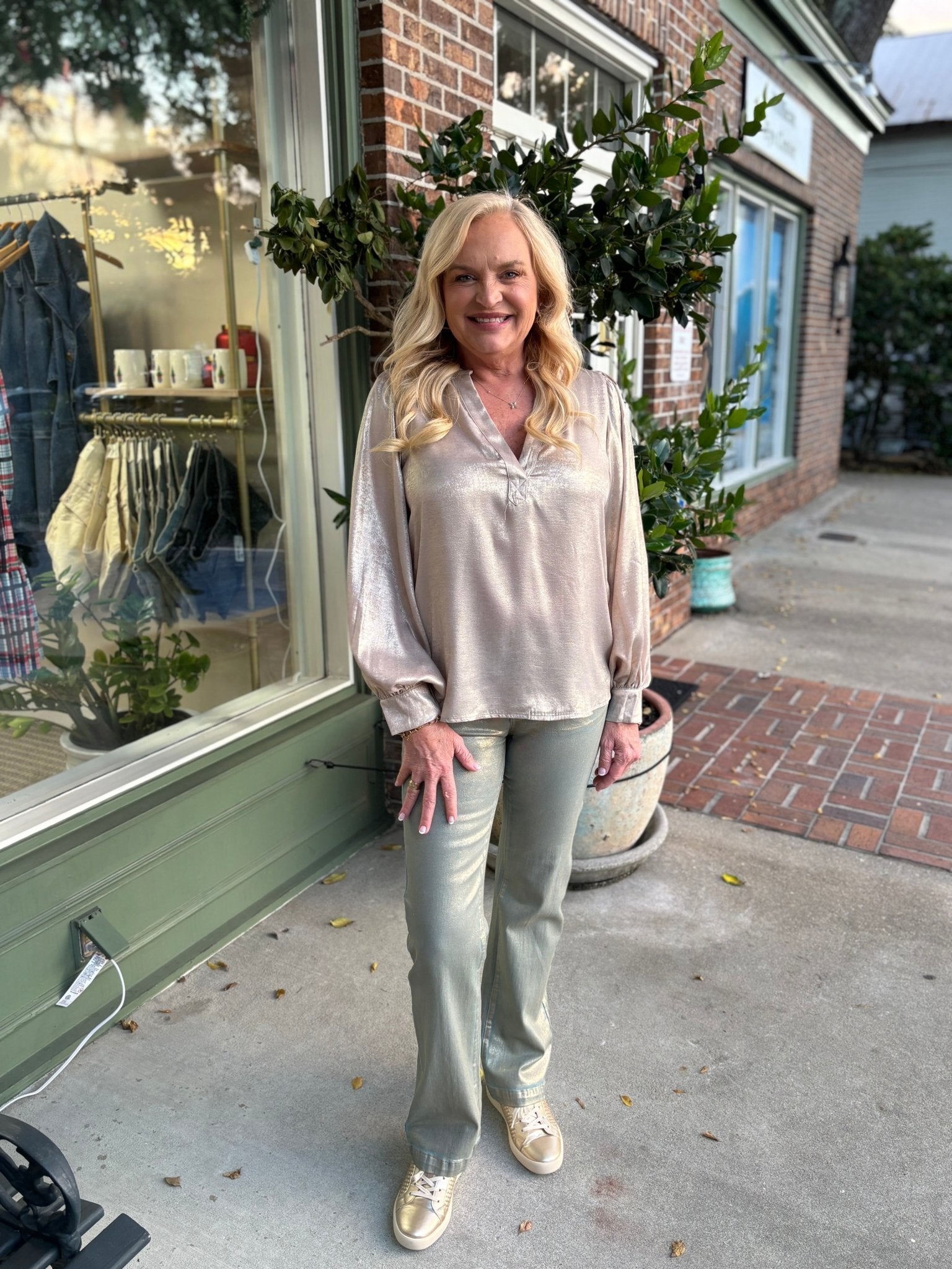 Henley Neck Long Balloon Sleeve Metallic Blouse Top - Gold - KJ Clothier