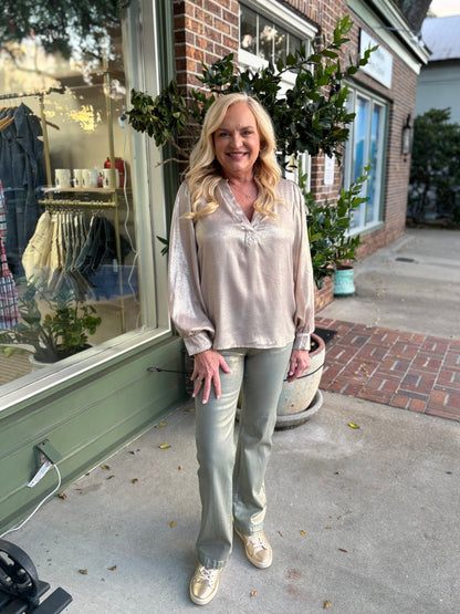 Henley Neck Long Balloon Sleeve Metallic Blouse Top - Gold - KJ Clothier