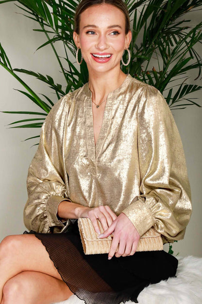 Henley Neck Long Balloon Sleeve Metallic Blouse Top - Gold - KJ Clothier
