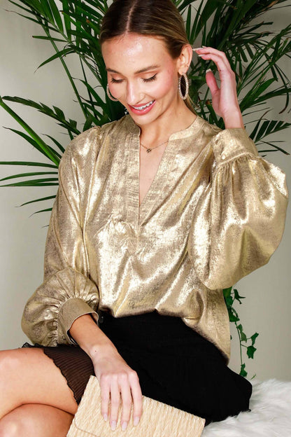 Henley Neck Long Balloon Sleeve Metallic Blouse Top - Gold - KJ Clothier