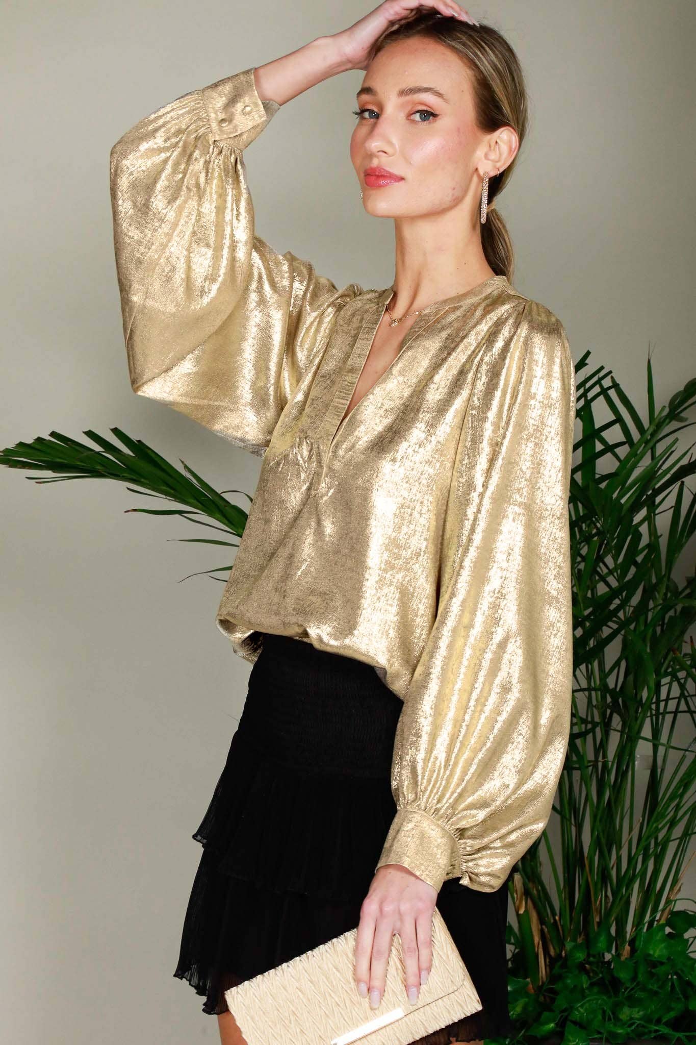 Henley Neck Long Balloon Sleeve Metallic Blouse Top - Gold - KJ Clothier