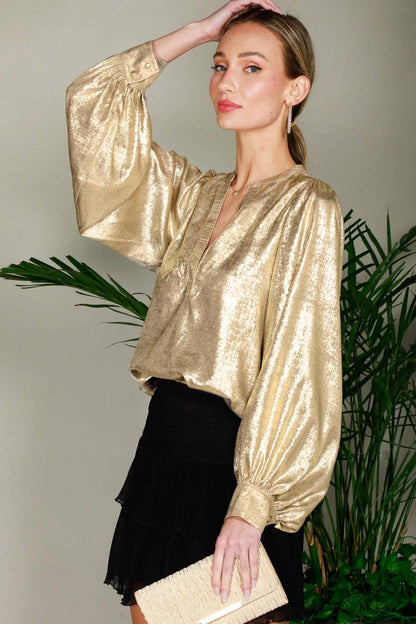 Henley Neck Long Balloon Sleeve Metallic Blouse Top - Gold - KJ Clothier