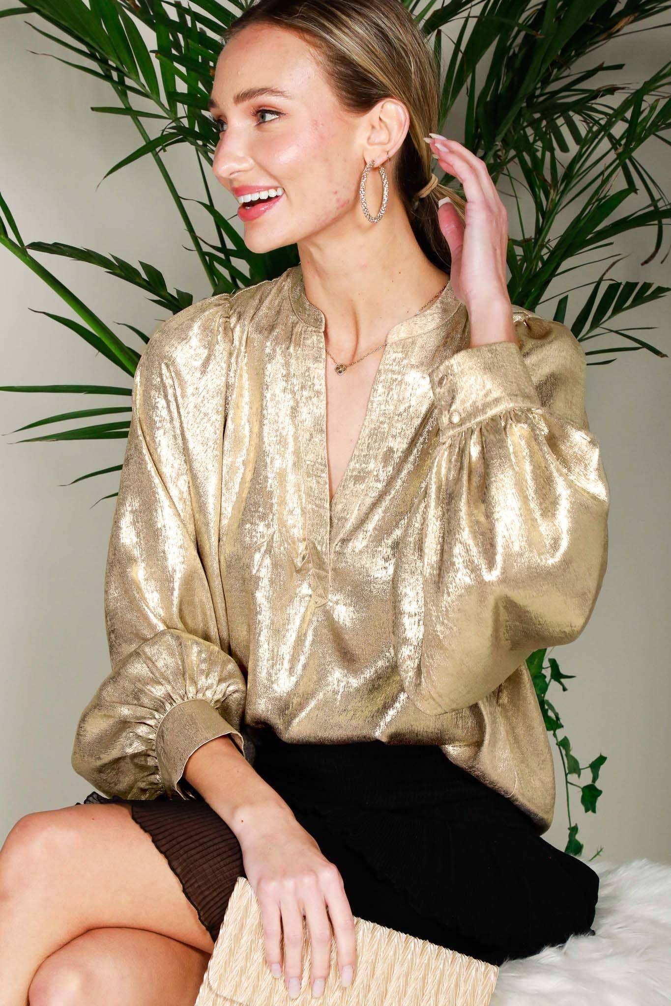 Henley Neck Long Balloon Sleeve Metallic Blouse Top - Gold - KJ Clothier