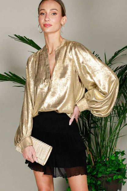 Henley Neck Long Balloon Sleeve Metallic Blouse Top - Gold - KJ Clothier