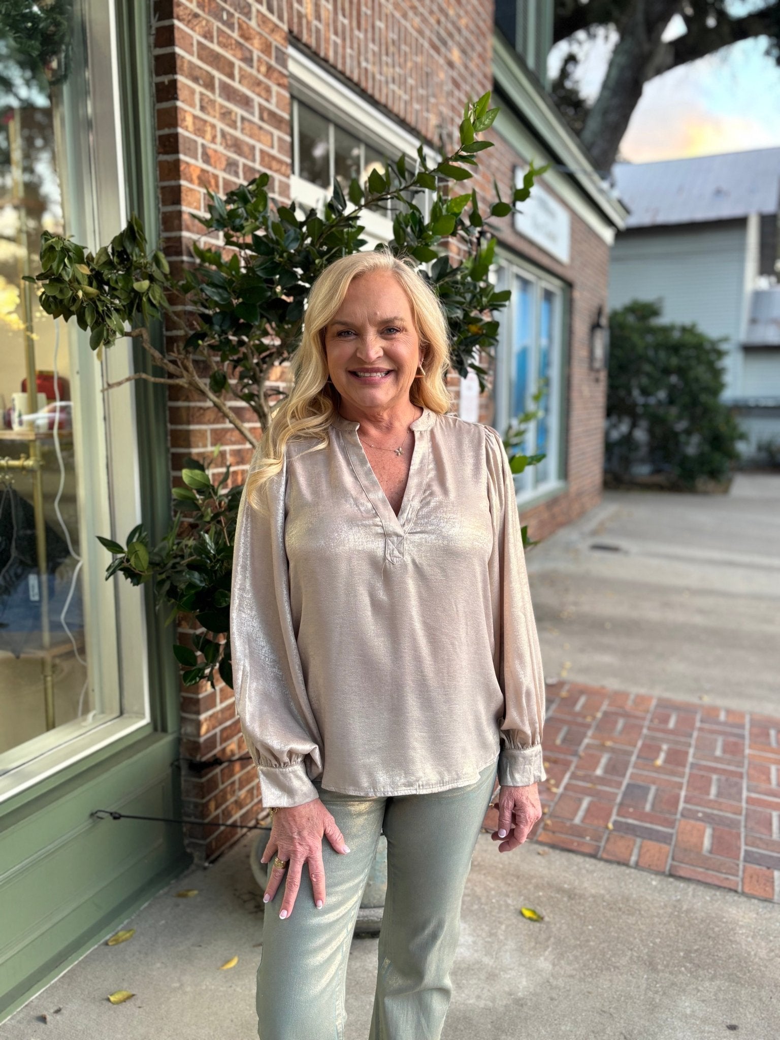 Henley Neck Long Balloon Sleeve Metallic Blouse Top - Gold - KJ Clothier