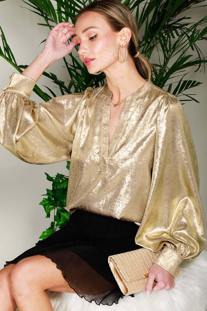 Henley Neck Long Balloon Sleeve Metallic Blouse Top - Gold - KJ Clothier