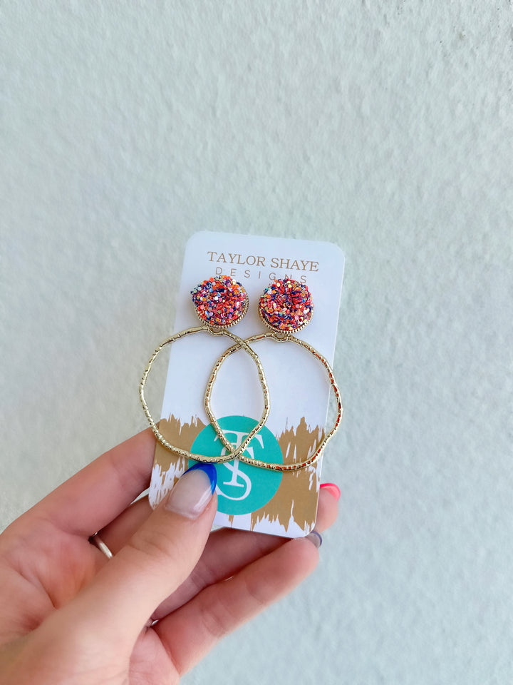 Glitter Top Hoops - Coral Rainbow / Round Hoops