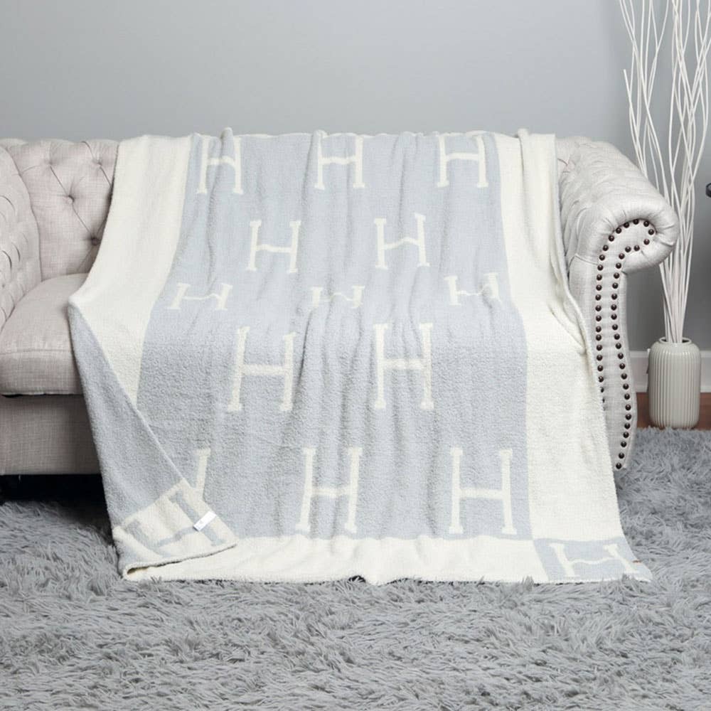 Initial Monogram H Patterned Reversible Throw Blanket - Icy Blue - KJ Clothier