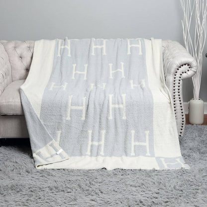 Initial Monogram H Patterned Reversible Throw Blanket - Icy Blue - KJ Clothier