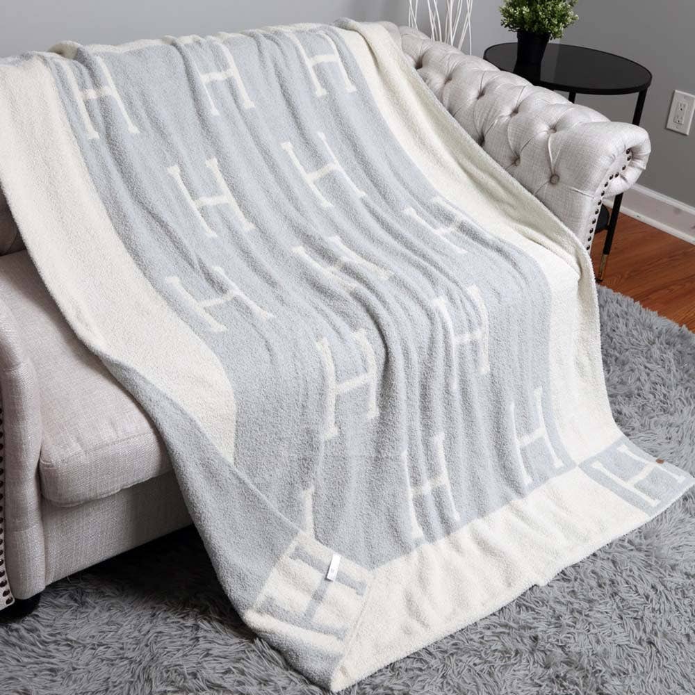Initial Monogram H Patterned Reversible Throw Blanket - Icy Blue - KJ Clothier