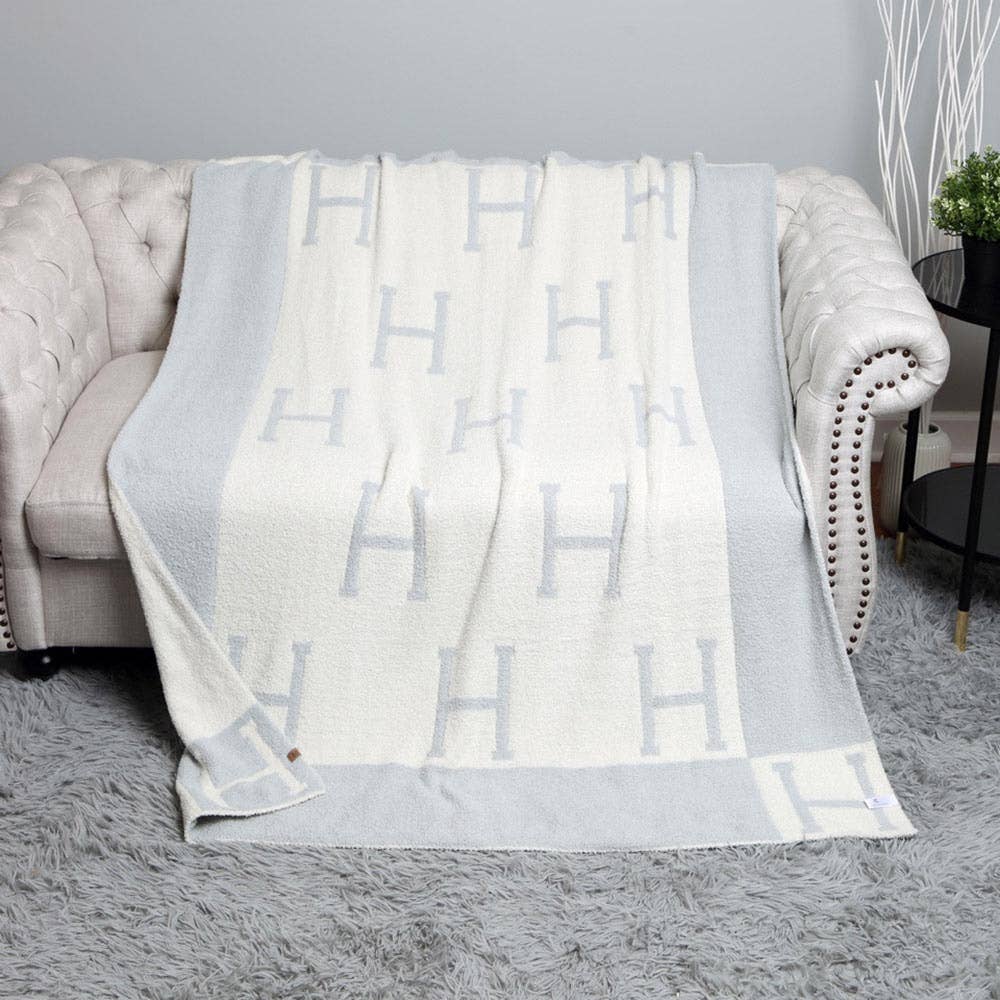 Initial Monogram H Patterned Reversible Throw Blanket - Icy Blue - KJ Clothier