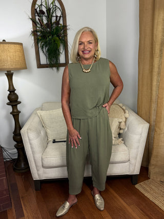 Textured Woven top & Relaxed Pants Set - Basil