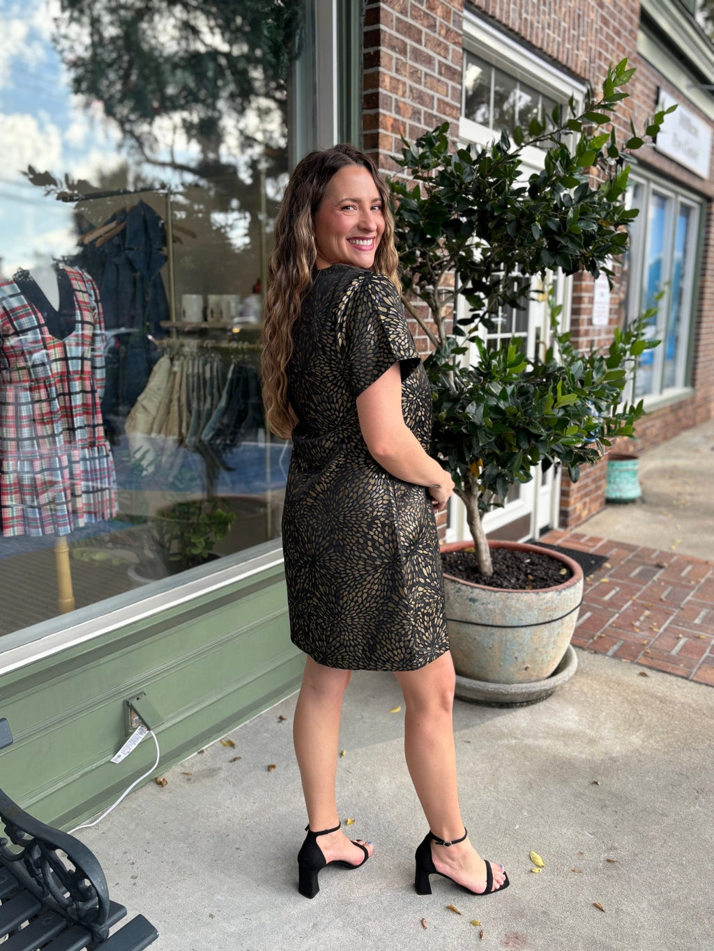 Jacquard Foil Dress - Black & Gold - KJ Clothier