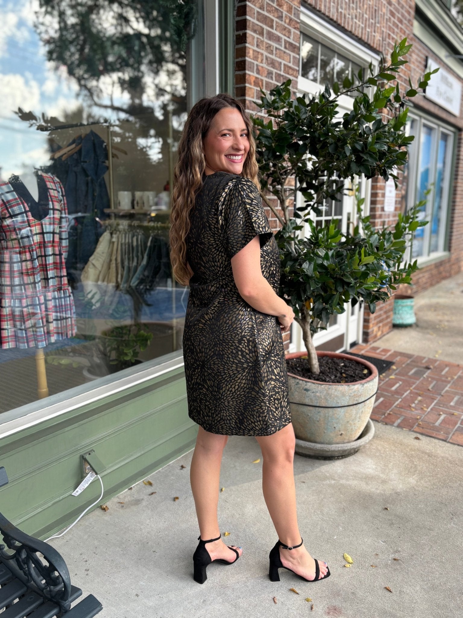 Jacquard Foil Dress - Black & Gold - KJ Clothier