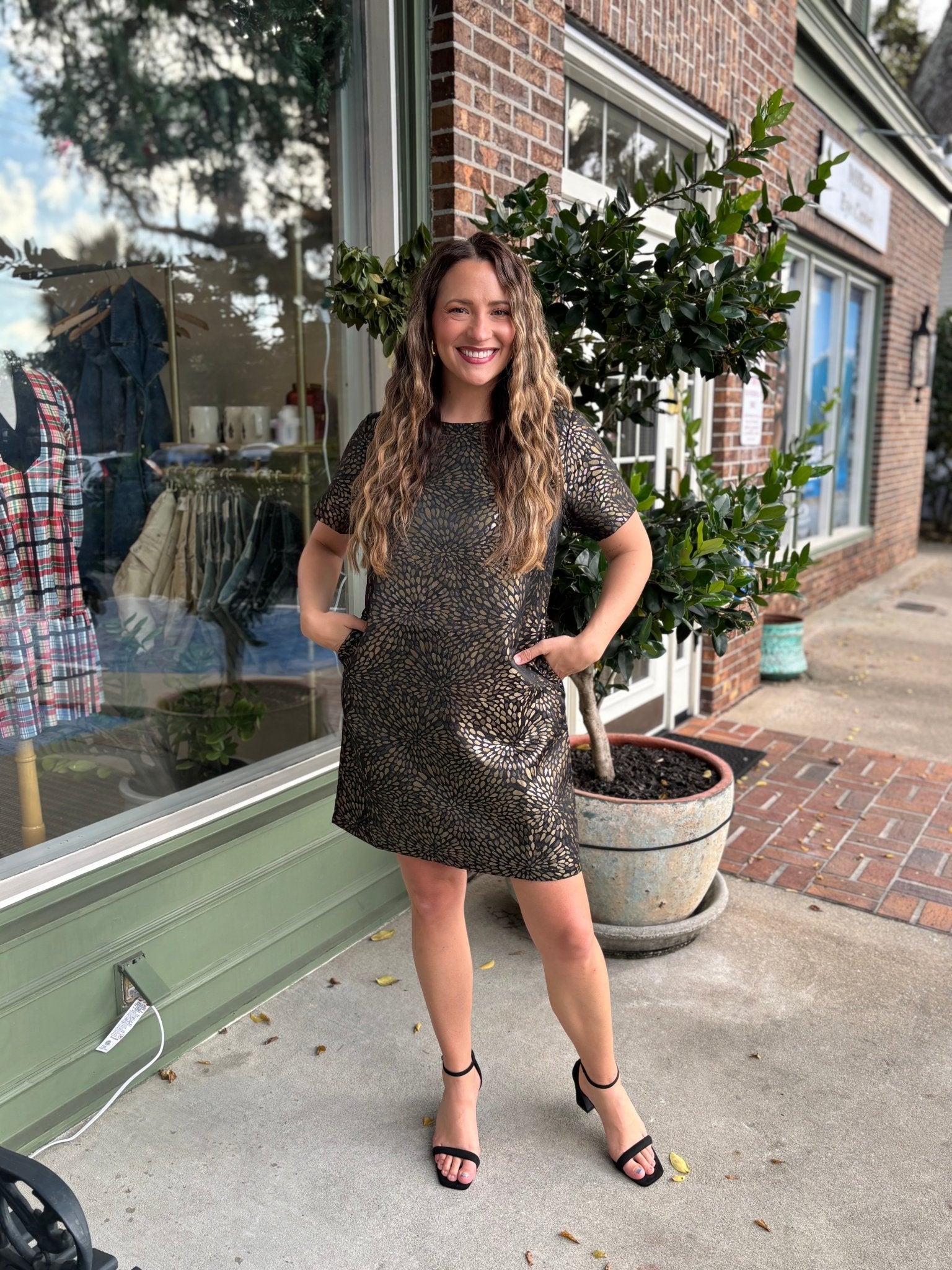 Jacquard Foil Dress - Black & Gold - KJ Clothier