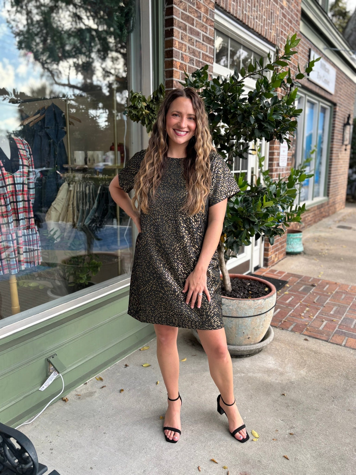 Jacquard Foil Dress - Black & Gold - KJ Clothier