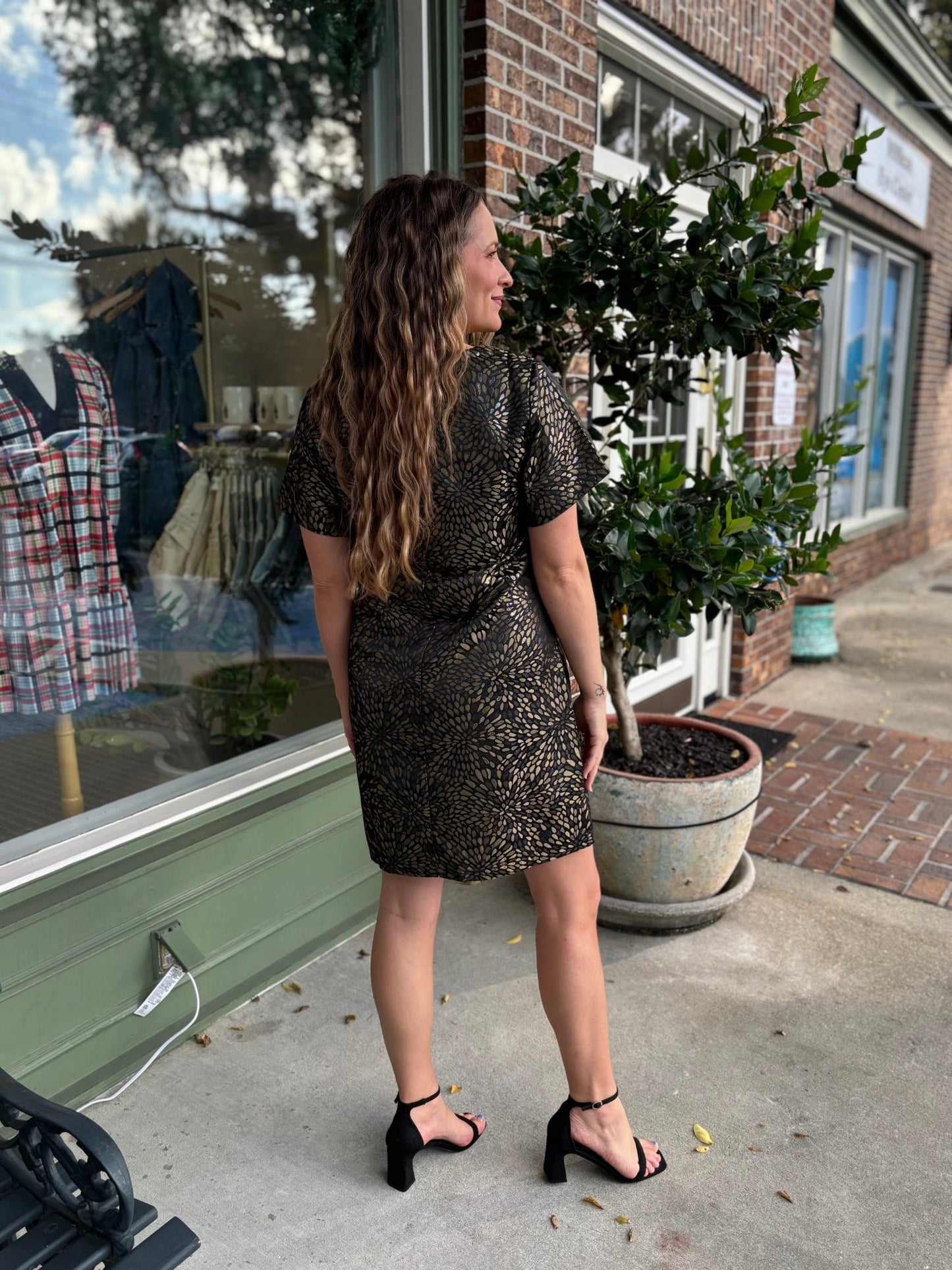 Jacquard Foil Dress - Black & Gold - KJ Clothier