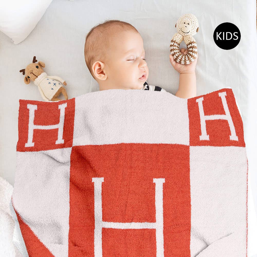 KIDS Initial Monogram H Patterned Reversible Throw Blanket - Orange - KJ Clothier