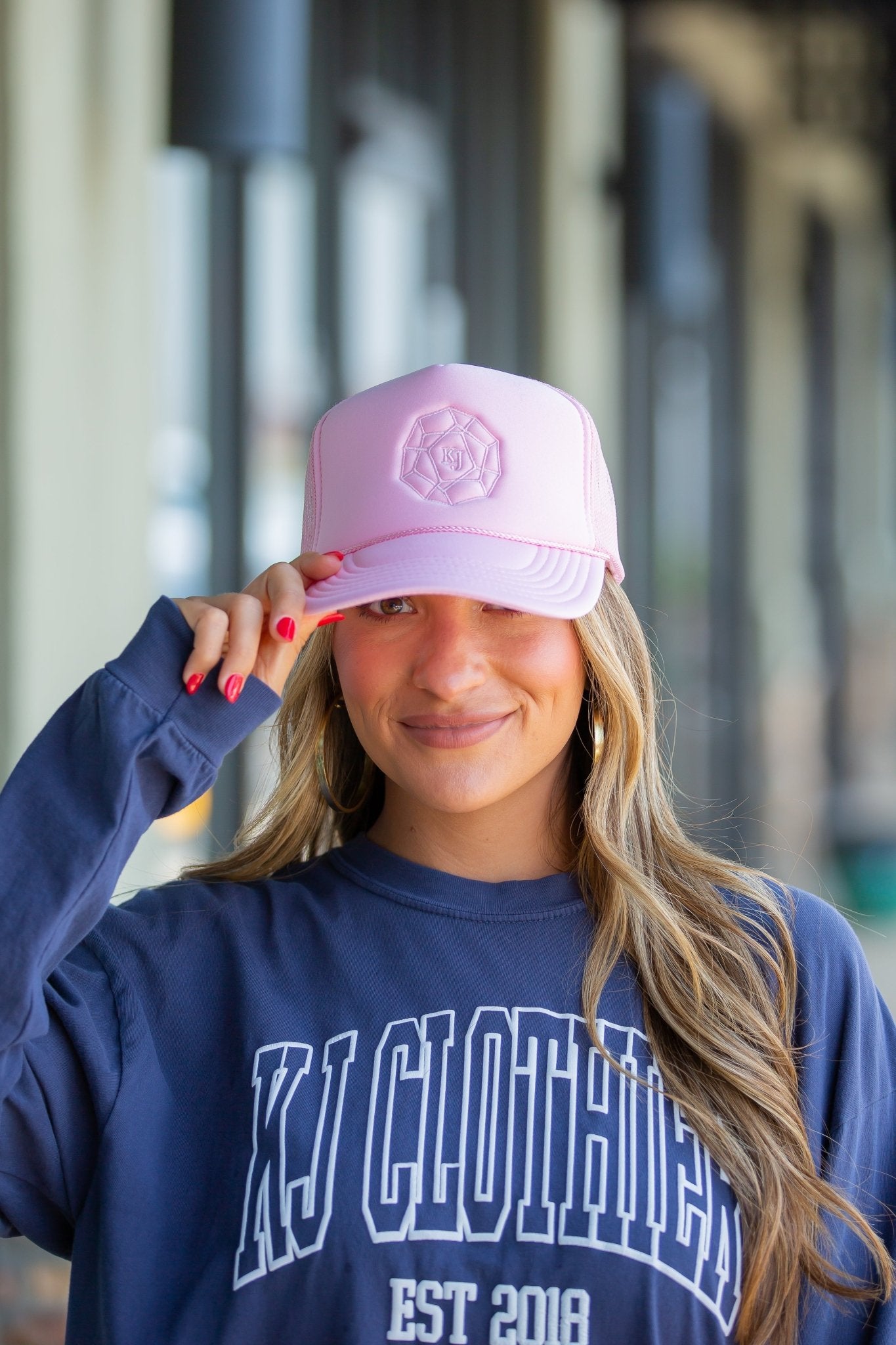 KJ EMBROIDERED LOGO TRUCKER - Baby Pink - KJ Clothier