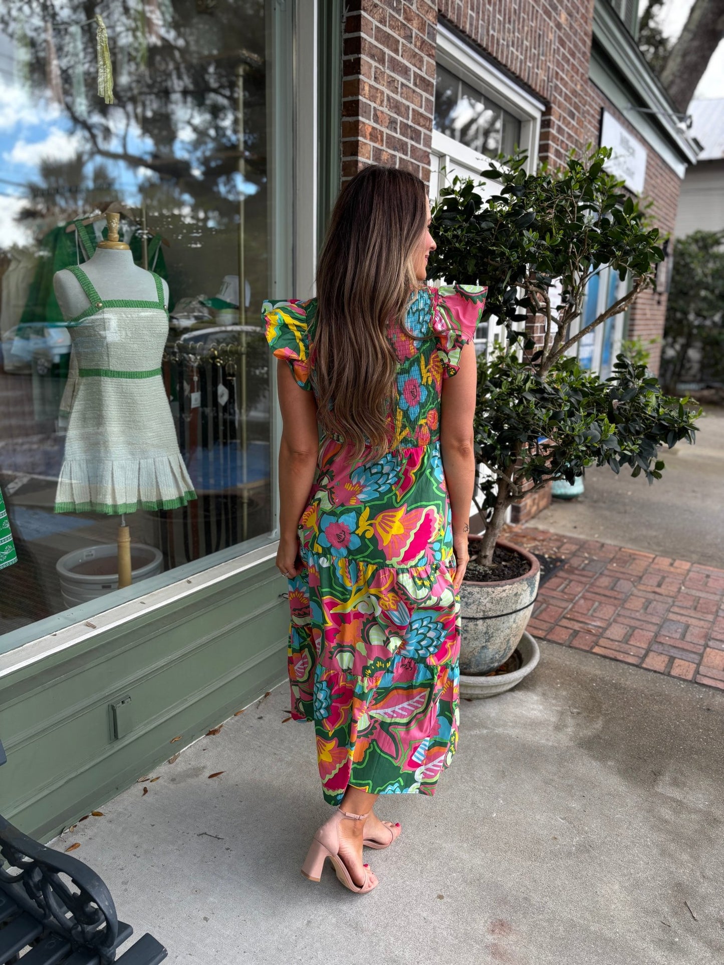 Lanai Multi Tropics Sunfire Smocked Bodice Tiered Midi Dress - KJ Clothier