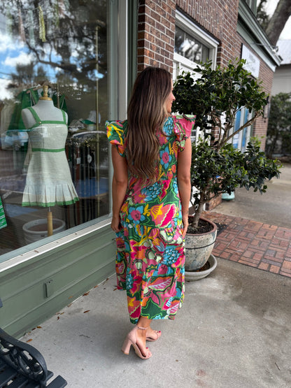 Lanai Multi Tropics Sunfire Smocked Bodice Tiered Midi Dress - KJ Clothier