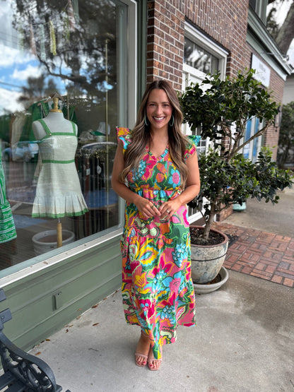 Lanai Multi Tropics Sunfire Smocked Bodice Tiered Midi Dress - KJ Clothier