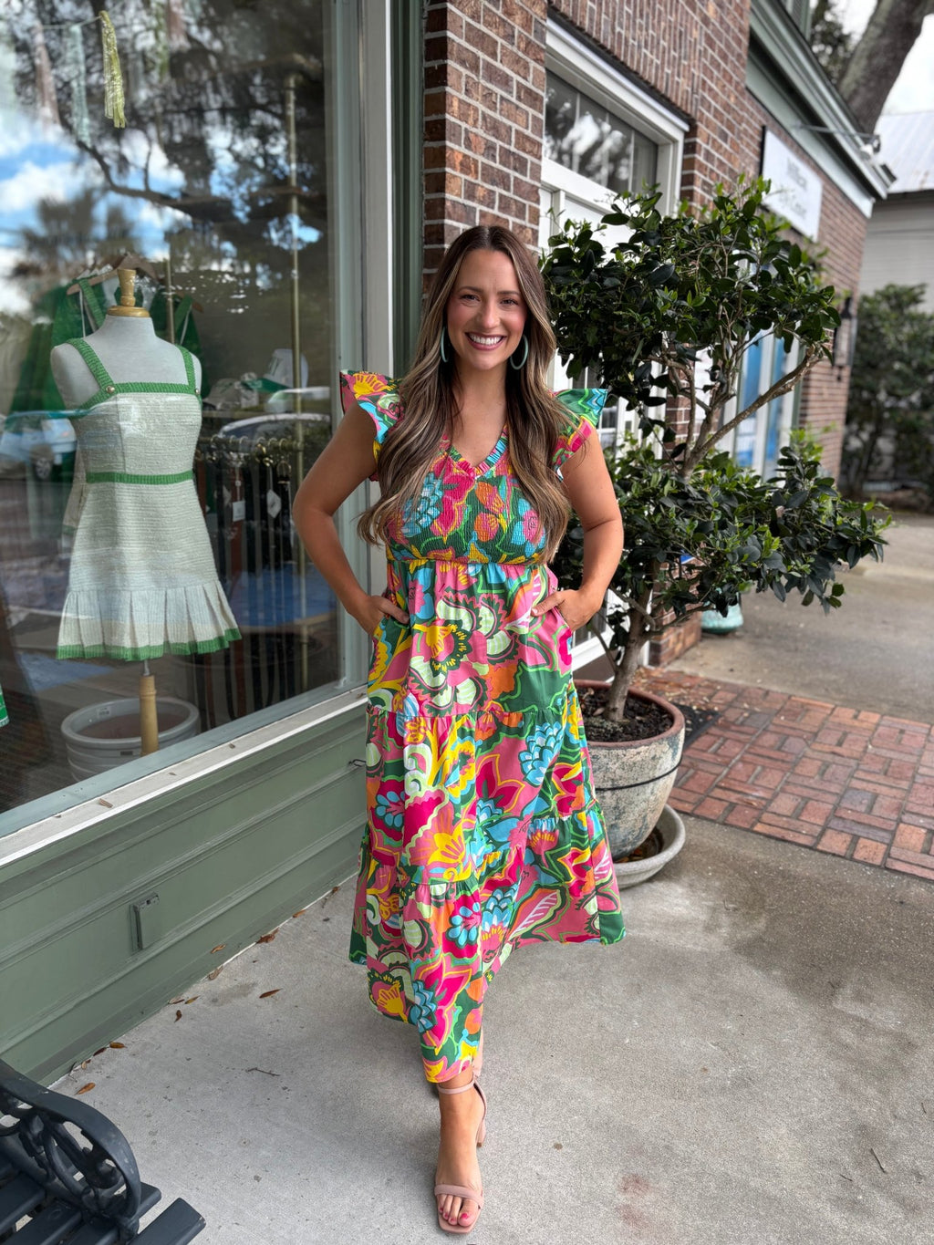 Lanai Multi Tropics Sunfire Smocked Bodice Tiered Midi Dress - KJ Clothier
