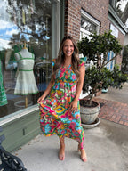 Lanai Multi Tropics Sunfire Smocked Bodice Tiered Midi Dress - KJ Clothier