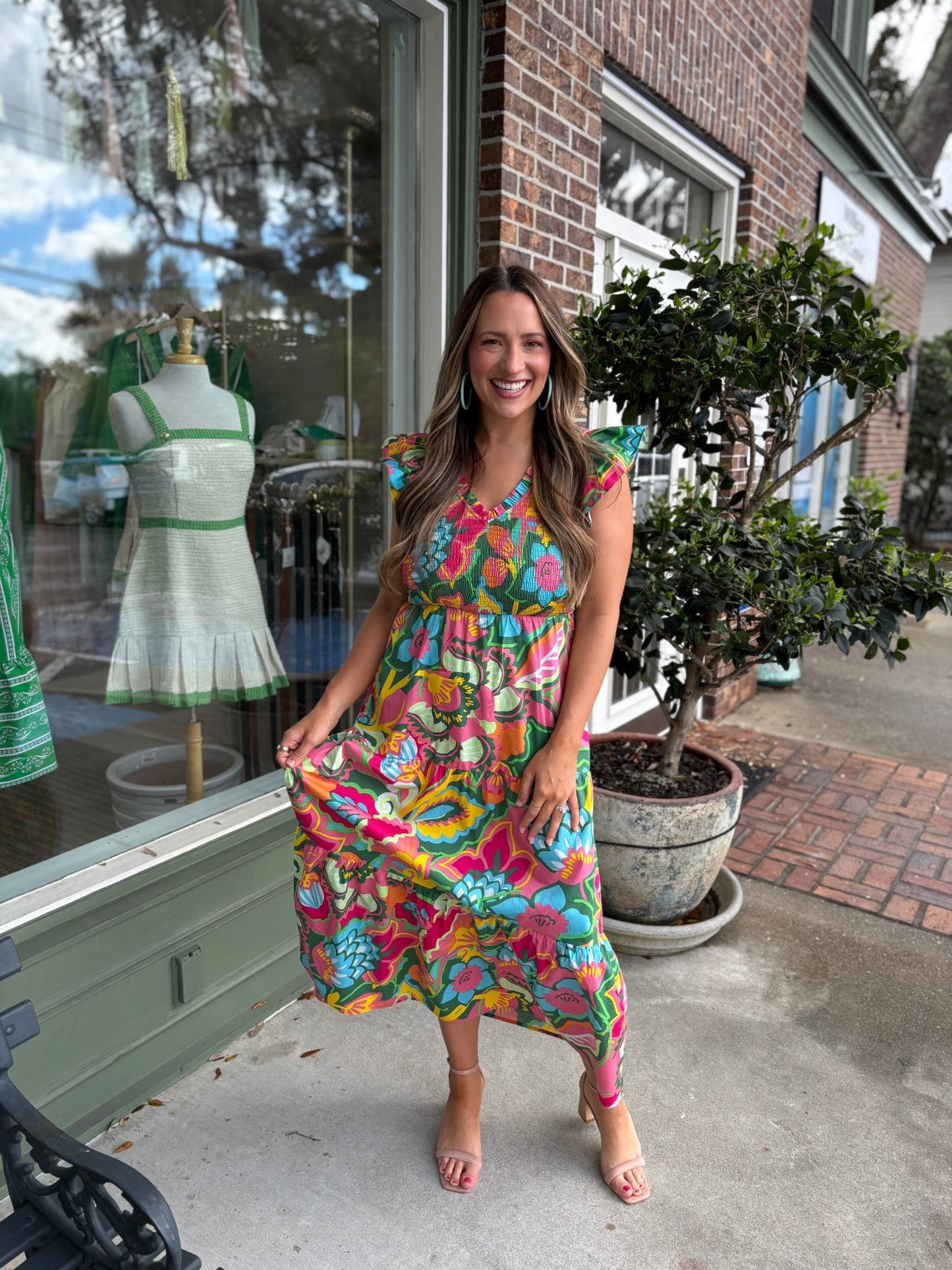 Lanai Multi Tropics Sunfire Smocked Bodice Tiered Midi Dress - KJ Clothier