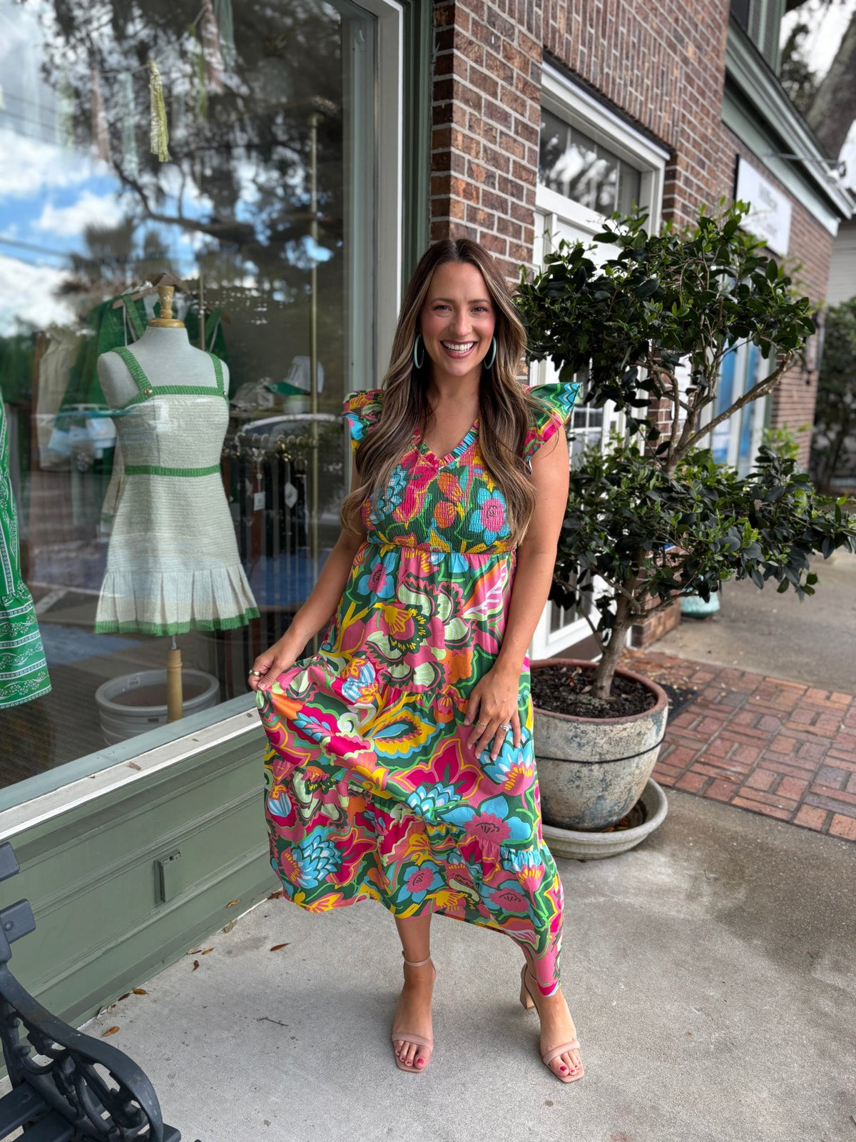 Lanai Multi Tropics Sunfire Smocked Bodice Tiered Midi Dress - KJ Clothier