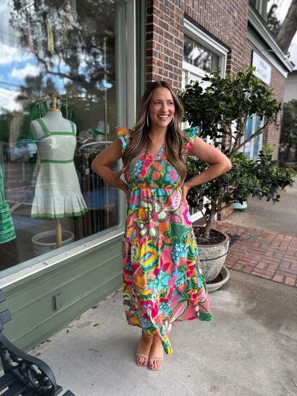 Lanai Multi Tropics Sunfire Smocked Bodice Tiered Midi Dress - KJ Clothier