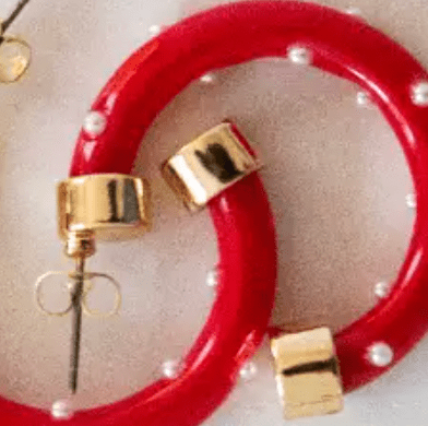 Lightweight Hypoallergenic Small Hoop Earrings - Red with Pearls - KJ Clothier