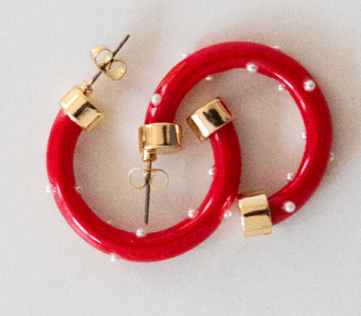 Lightweight Hypoallergenic Small Hoop Earrings - Red with Pearls - KJ Clothier