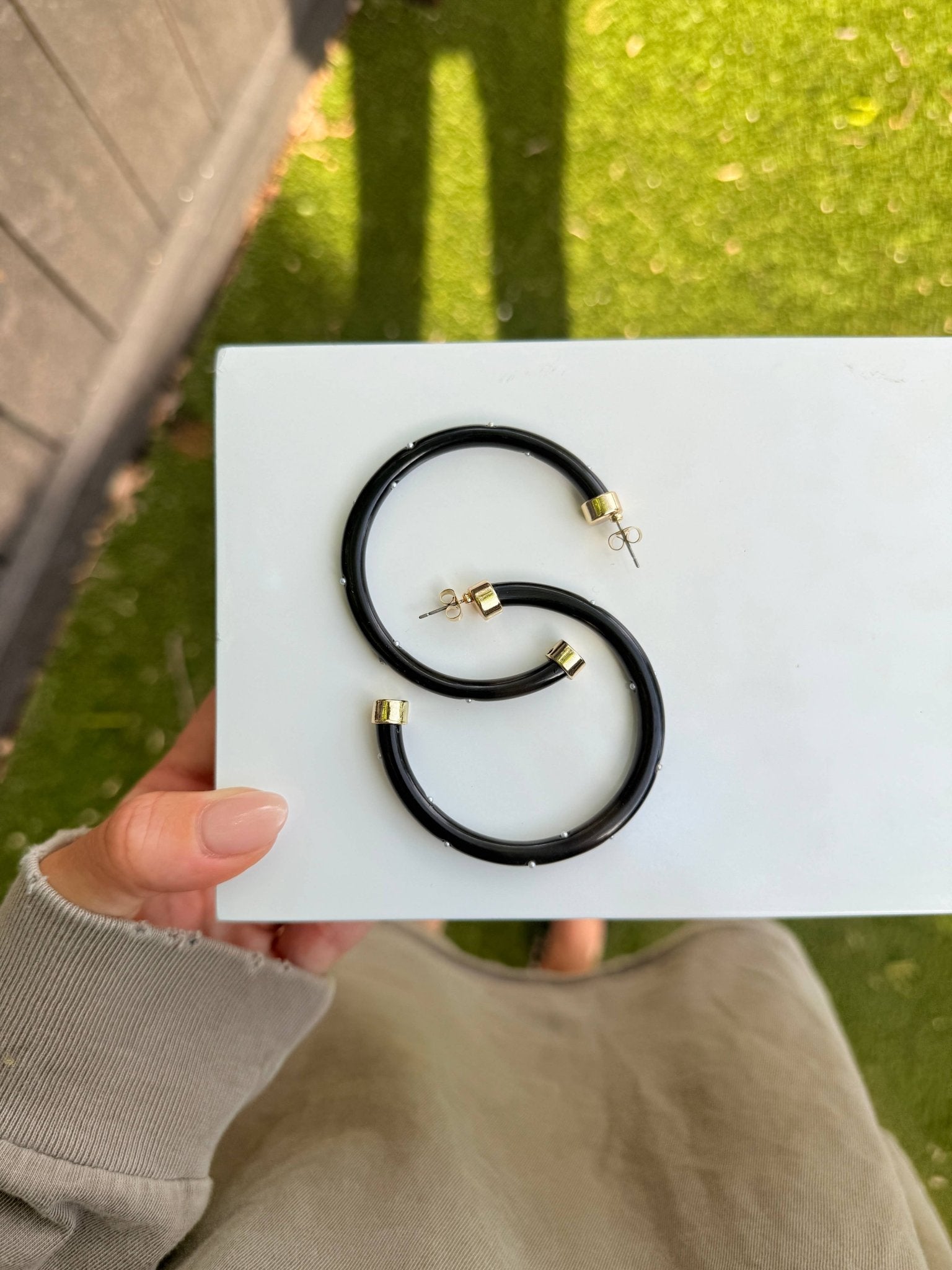 Lightweight Large Hoop Earrings - Black with Pearls - KJ Clothier