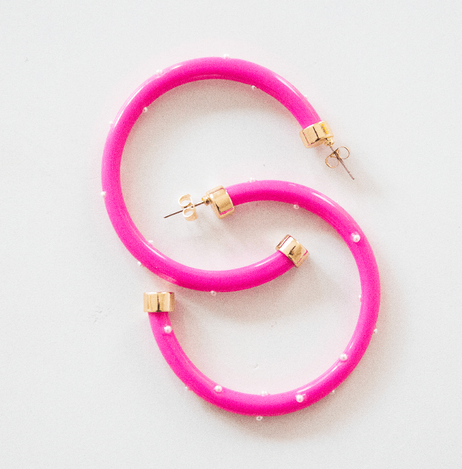 Lightweight Large Hoop Earrings - Hot Pink with Pearls - KJ Clothier