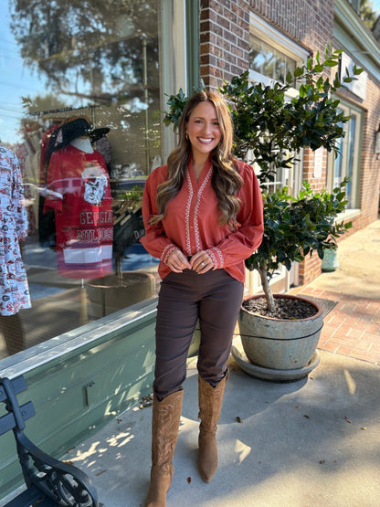 Long Sleeve Embroidered Detail Button Up Top - Rust - KJ Clothier