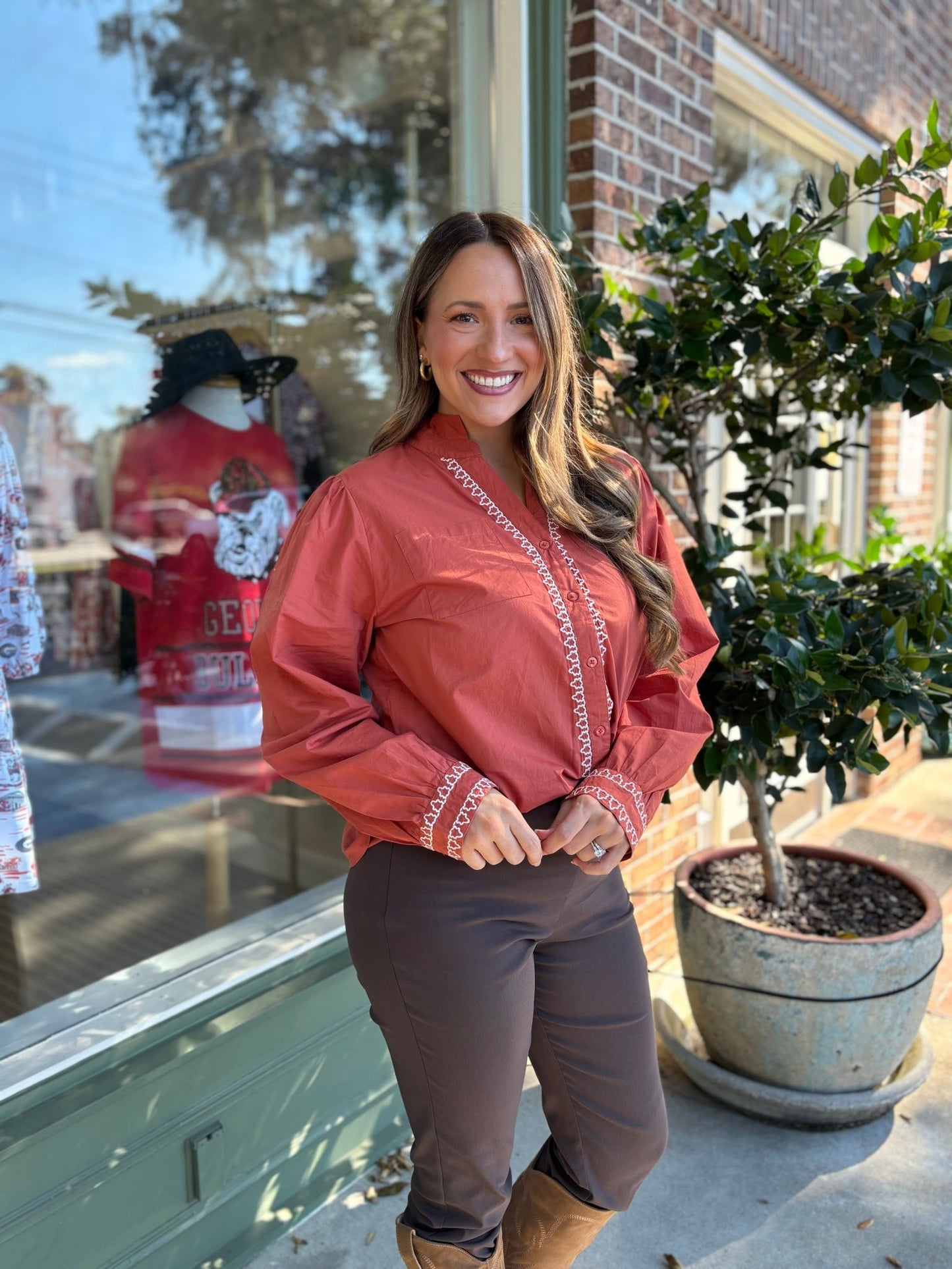 Long Sleeve Embroidered Detail Button Up Top - Rust - KJ Clothier