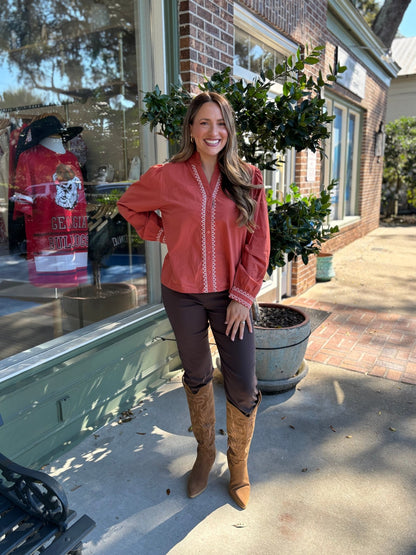 Long Sleeve Embroidered Detail Button Up Top - Rust - KJ Clothier