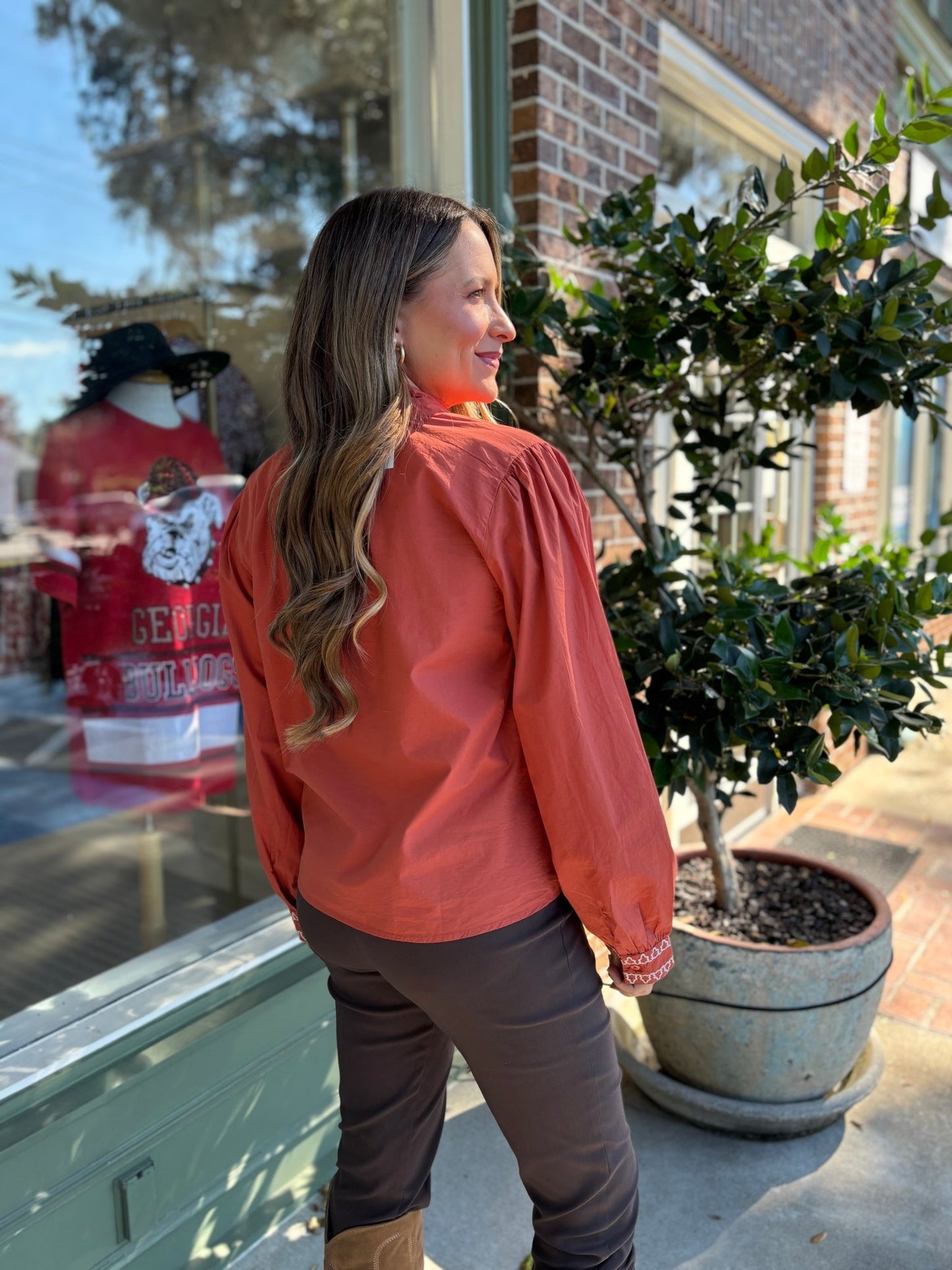 Long Sleeve Embroidered Detail Button Up Top - Rust - KJ Clothier