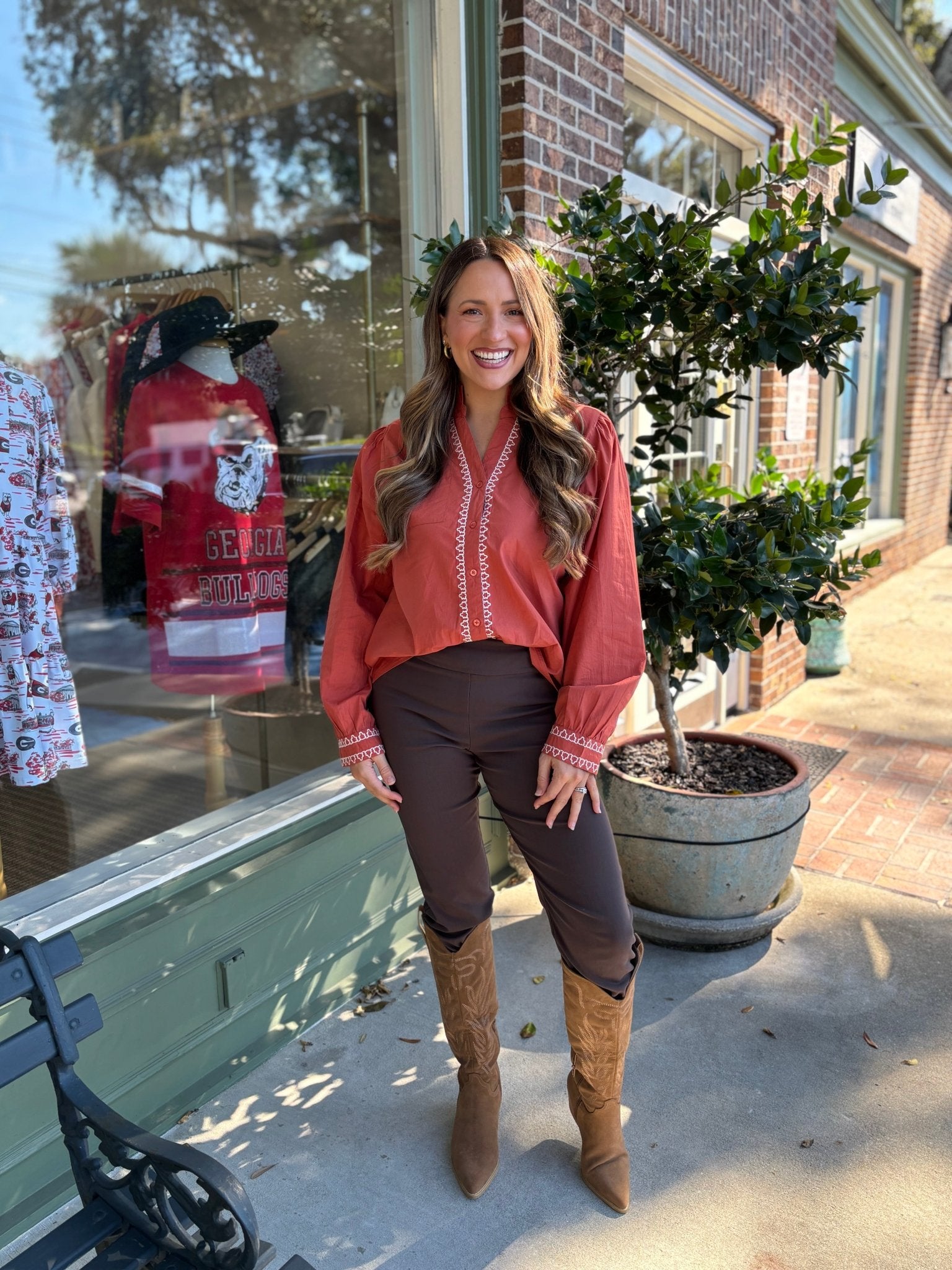 Long Sleeve Embroidered Detail Button Up Top - Rust - KJ Clothier