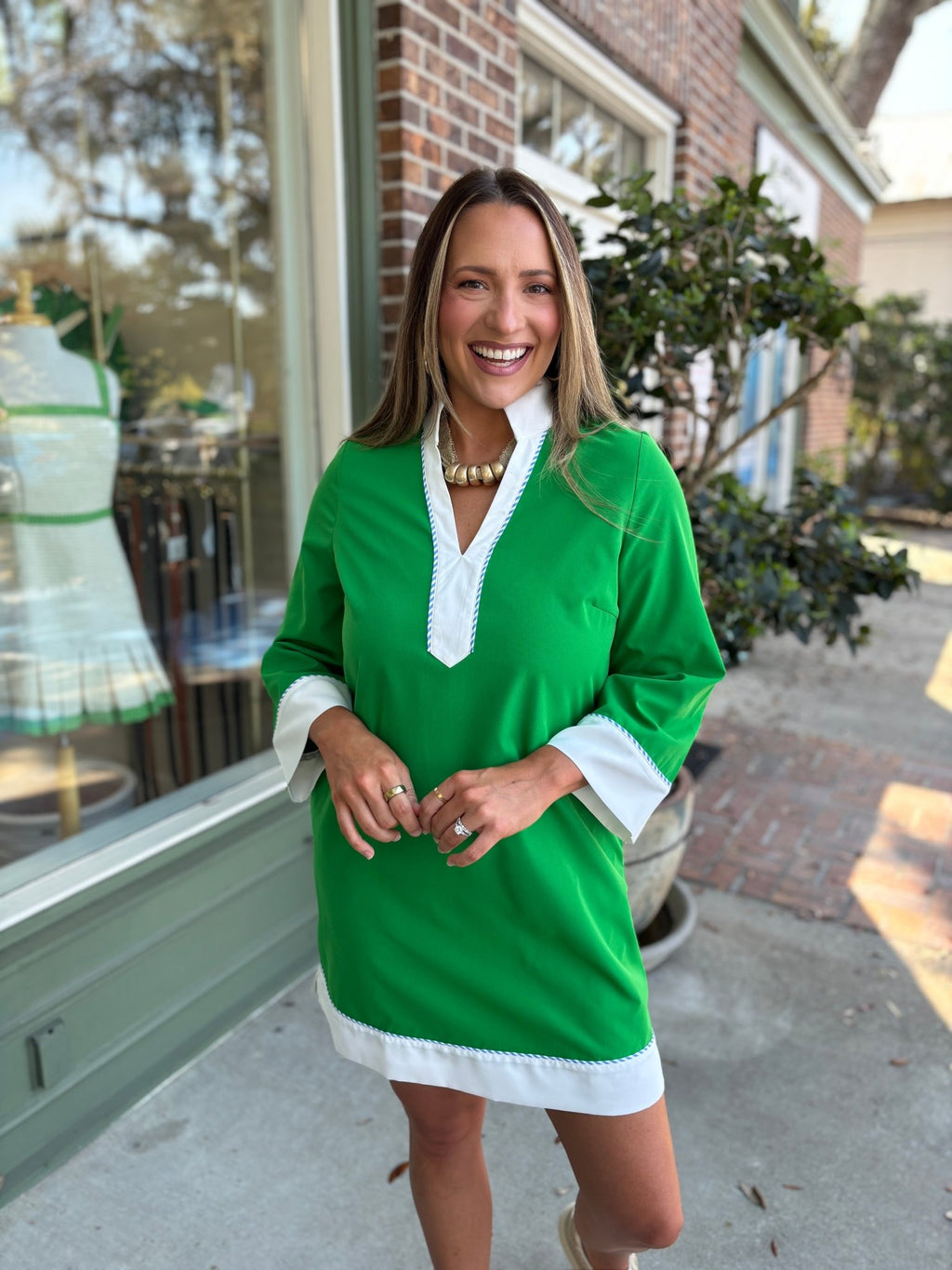 Mary Square - Brenda Dress - Green & White - KJ Clothier