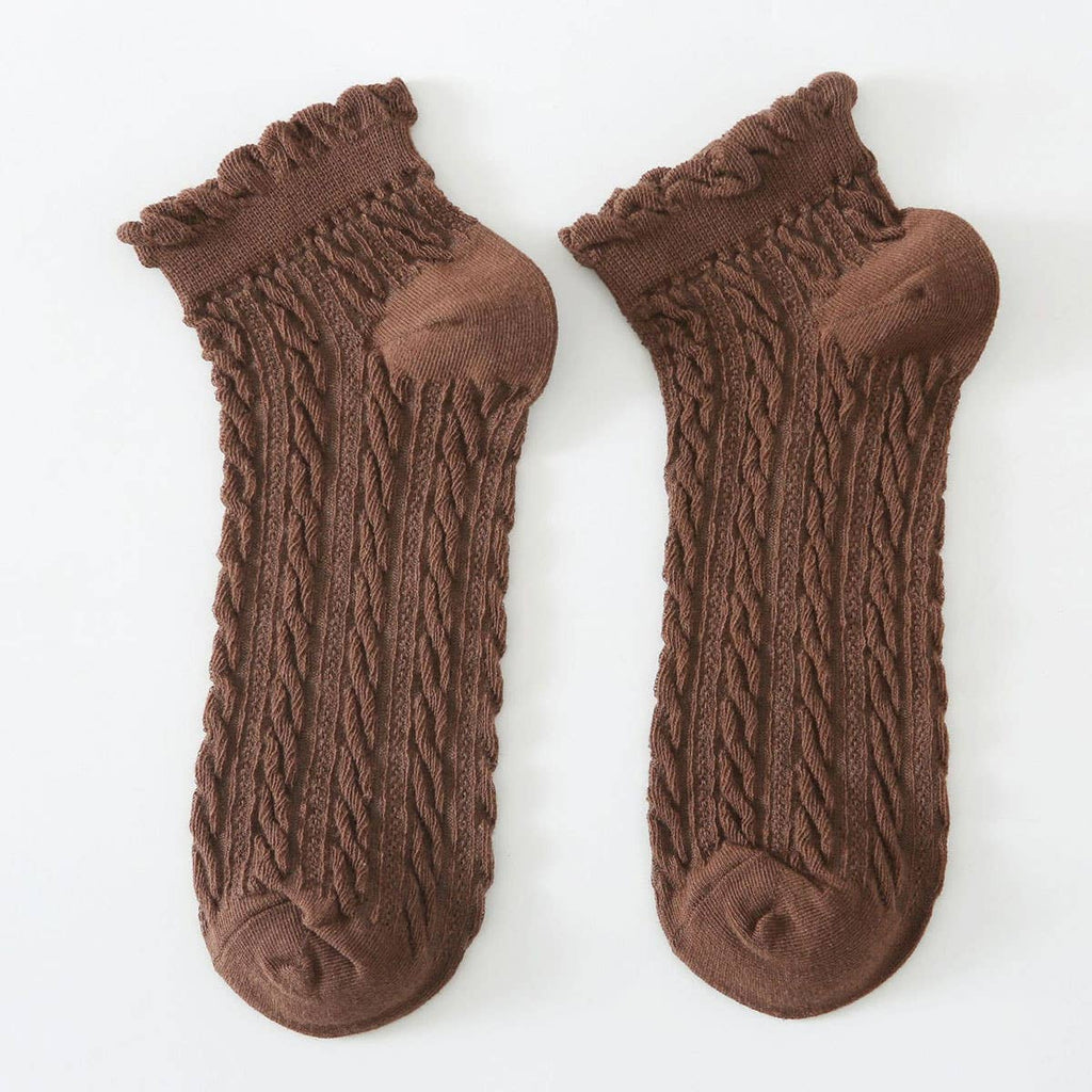 Mesh Retro Twist Ruffle Ankle Socks - Khaki - KJ Clothier