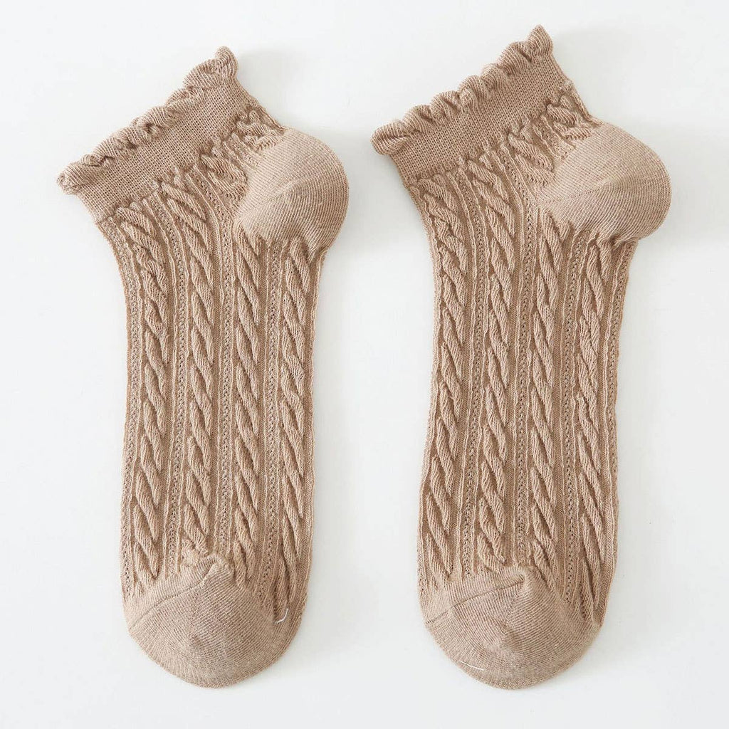Mesh Retro Twist Ruffle Ankle Socks - Khaki - KJ Clothier
