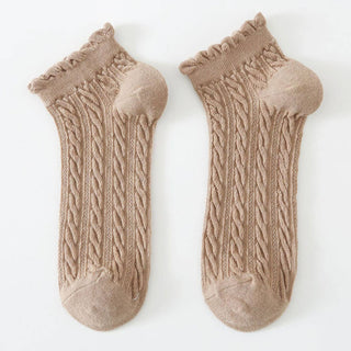 Mesh Retro Twist Ruffle Ankle Socks - Khaki - KJ Clothier