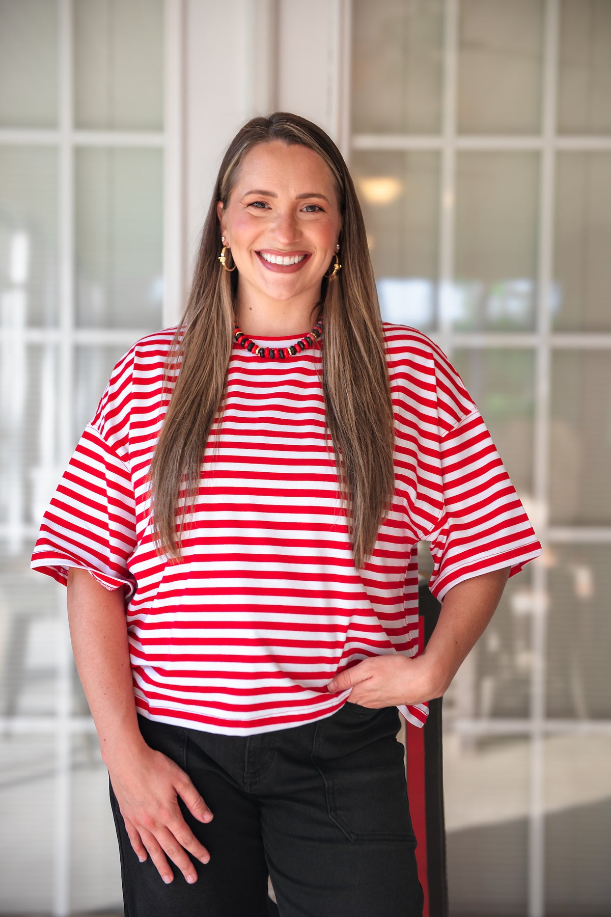 Cheers Oversized Striped Tee - Red & White