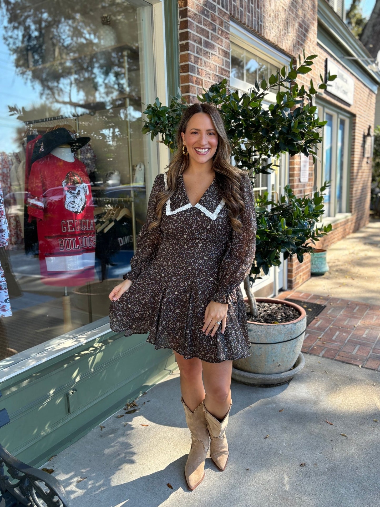 Peter Pan Collared Floral Dress - Mocha - KJ Clothier