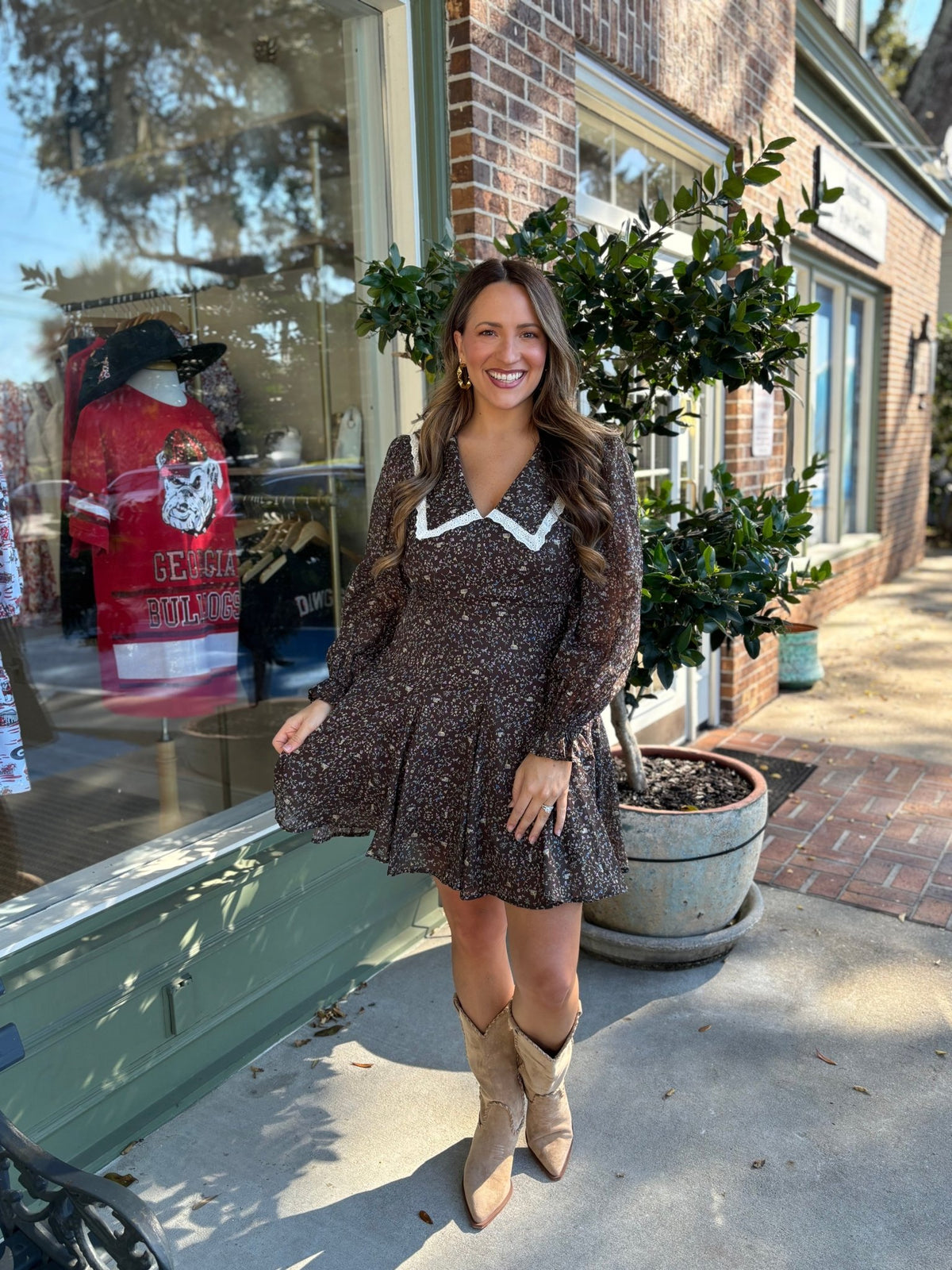 Peter Pan Collared Floral Dress - Mocha - KJ Clothier