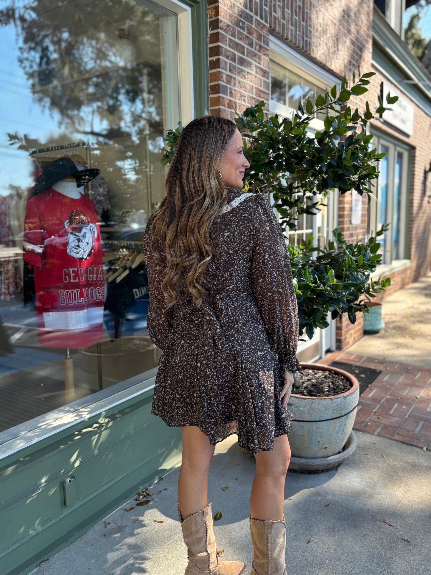 Peter Pan Collared Floral Dress - Mocha - KJ Clothier